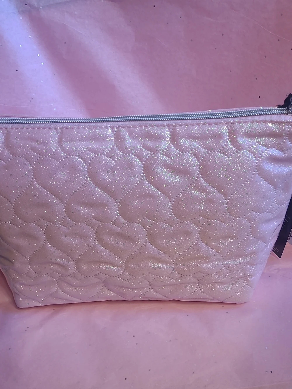 Bebe Quilted Glitter Pink Cosmetic Pouch comes With Two 1.6oz Toiletry Bottles